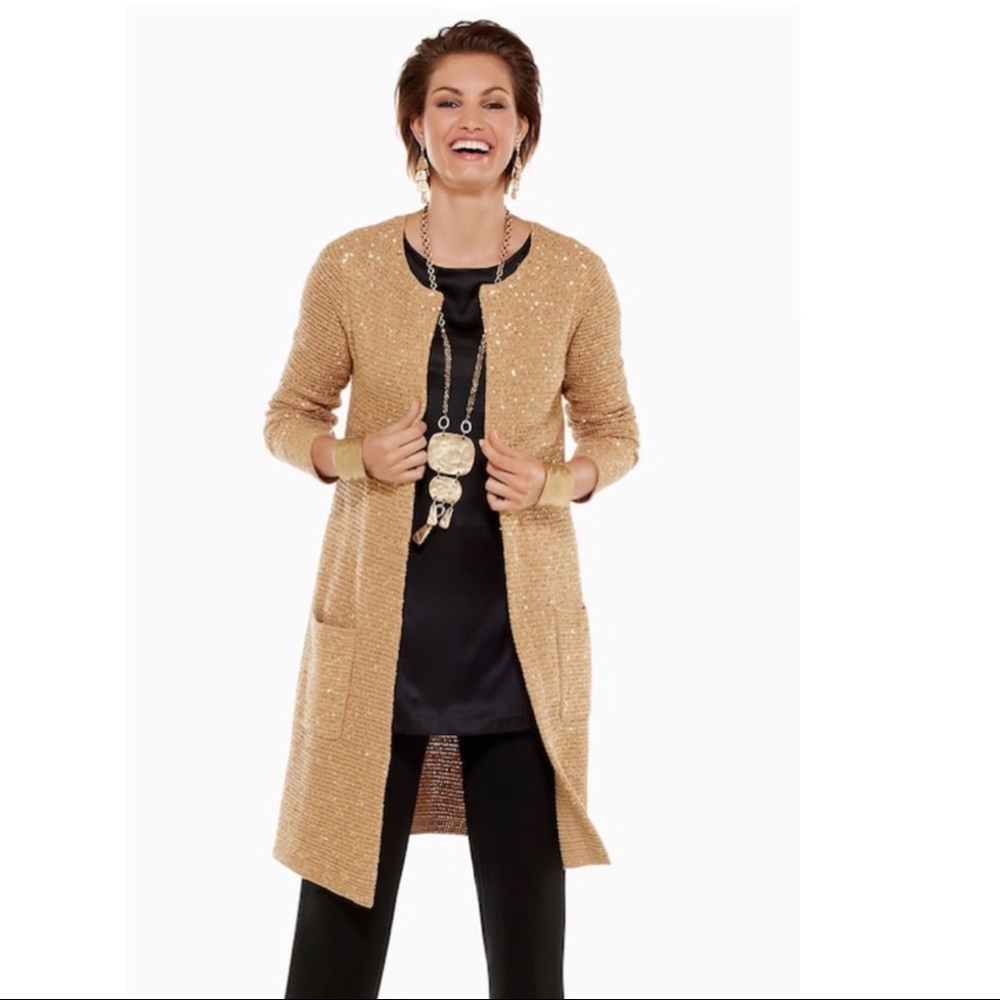 Chico’s Gold Sequin Holiday Cardigan Coat Sz 1